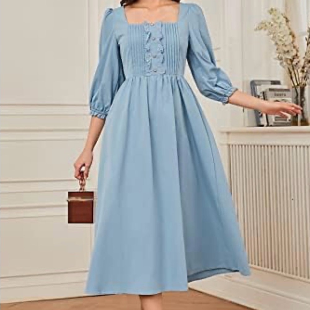 SHEIN Light Blue Square Neck Midi Dress